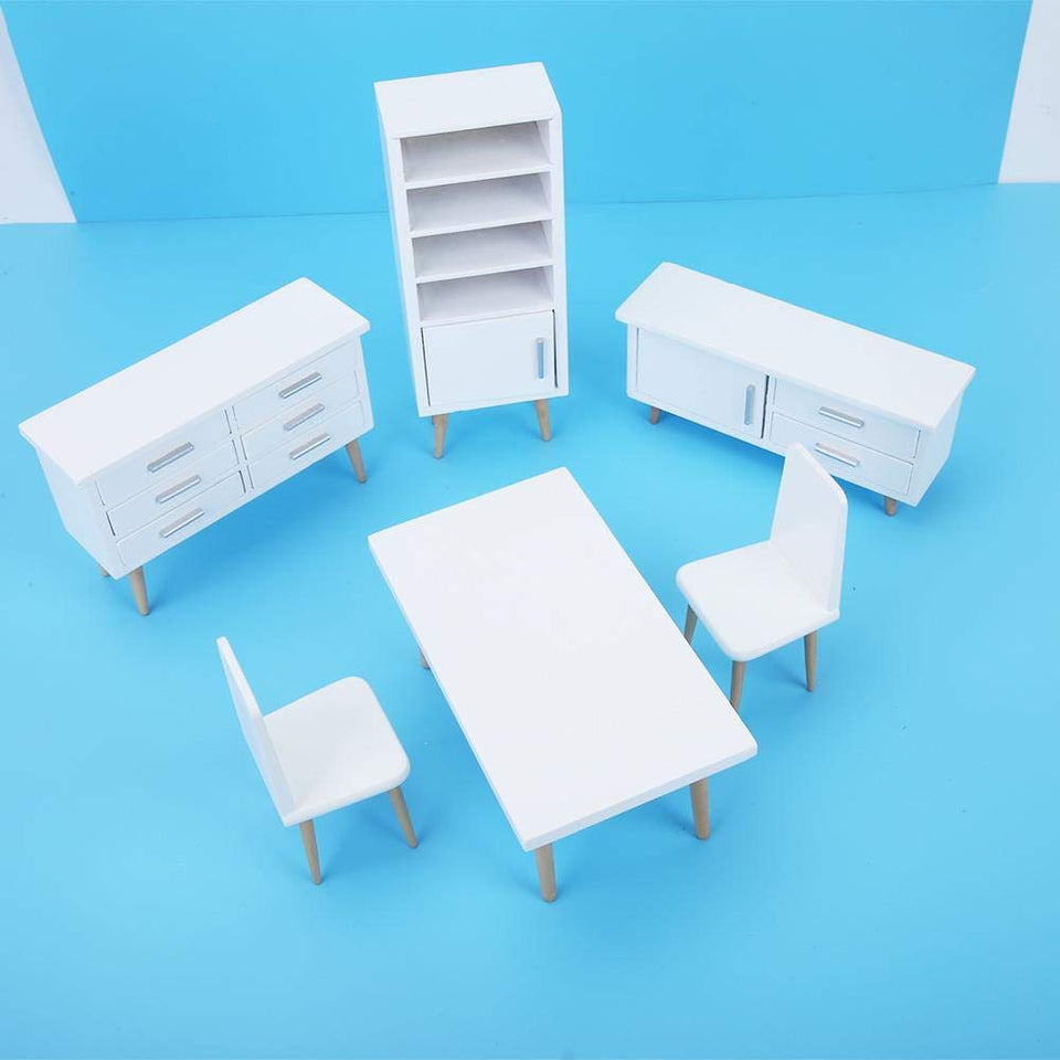 Zerodis 6 UNIDS Muebles de Casa de Muñecas, 1:12 Mini Sala de Estar de Madera Comedor Estilo Silla de Mesa Conjunto de Muebles para Casas de Muñecas Blanco
