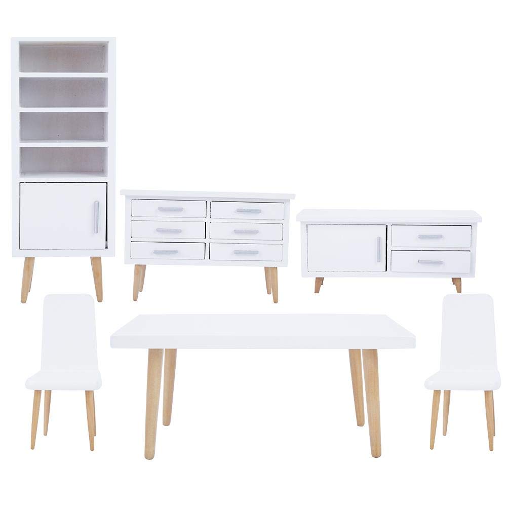 Zerodis 6 UNIDS Muebles de Casa de Muñecas, 1:12 Mini Sala de Estar de Madera Comedor Estilo Silla de Mesa Conjunto de Muebles para Casas de Muñecas Blanco