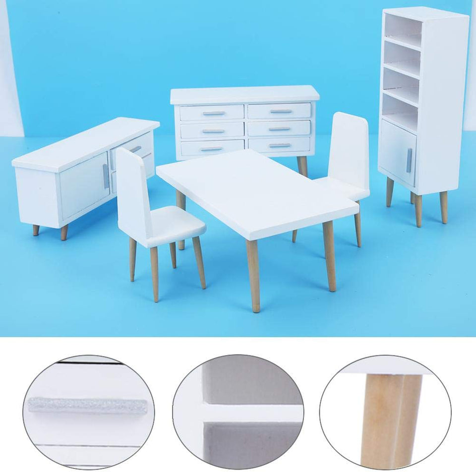 Zerodis 6 UNIDS Muebles de Casa de Muñecas, 1:12 Mini Sala de Estar de Madera Comedor Estilo Silla de Mesa Conjunto de Muebles para Casas de Muñecas Blanco