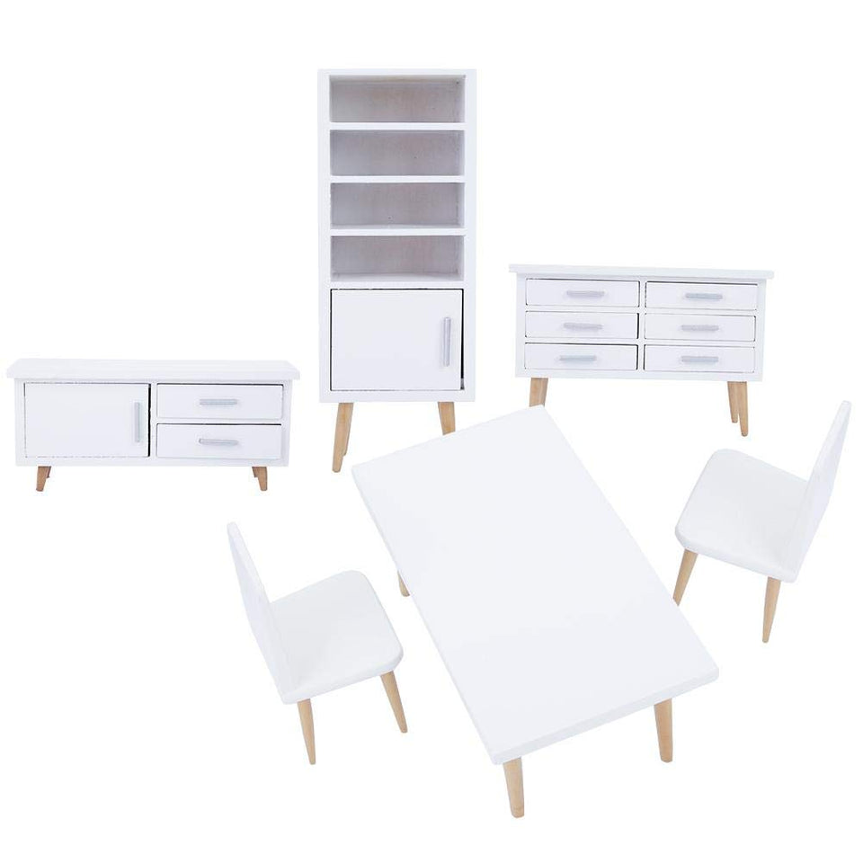 Zerodis 6 UNIDS Muebles de Casa de Muñecas, 1:12 Mini Sala de Estar de Madera Comedor Estilo Silla de Mesa Conjunto de Muebles para Casas de Muñecas Blanco