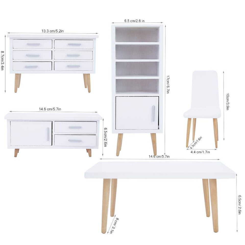 Zerodis 6 UNIDS Muebles de Casa de Muñecas, 1:12 Mini Sala de Estar de Madera Comedor Estilo Silla de Mesa Conjunto de Muebles para Casas de Muñecas Blanco