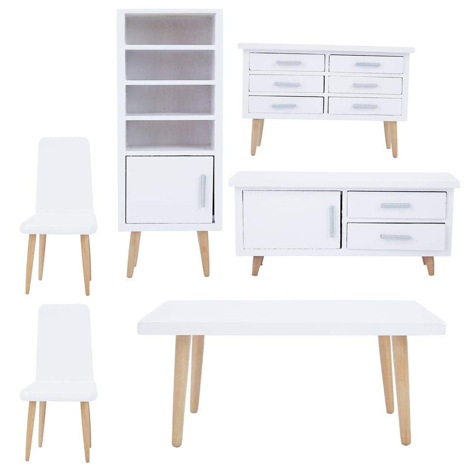 Zerodis 6 UNIDS Muebles de Casa de Muñecas, 1:12 Mini Sala de Estar de Madera Comedor Estilo Silla de Mesa Conjunto de Muebles para Casas de Muñecas Blanco