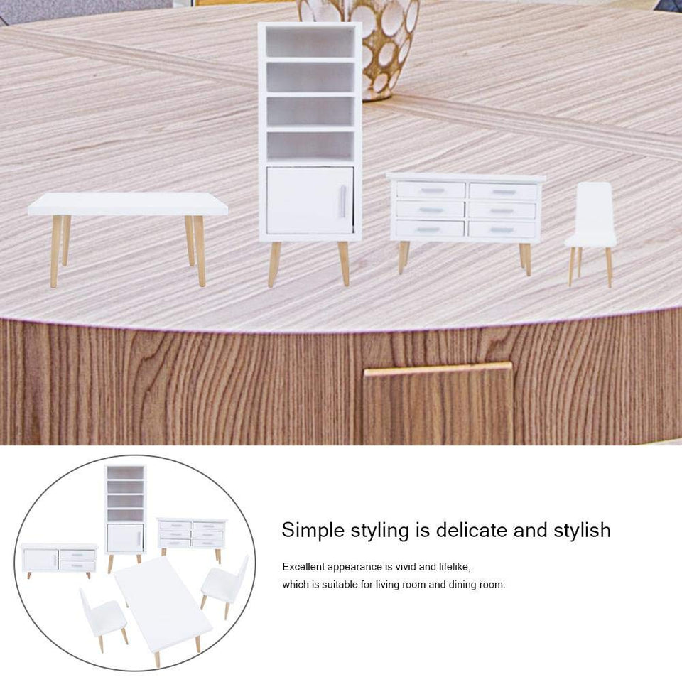 Zerodis 6 UNIDS Muebles de Casa de Muñecas, 1:12 Mini Sala de Estar de Madera Comedor Estilo Silla de Mesa Conjunto de Muebles para Casas de Muñecas Blanco