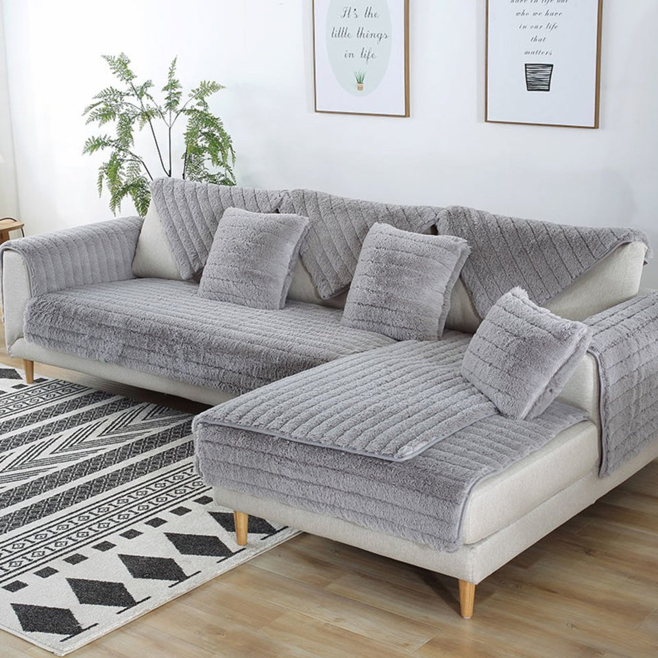 Completo sofá slipcover,Invierno Cubierta del sofá de felpa antideslizante Cubre respaldo Fundas de sofá de simplicidad moderna Funda de sofá para sala de estar -Gris 110x110cm(43x43inch)
