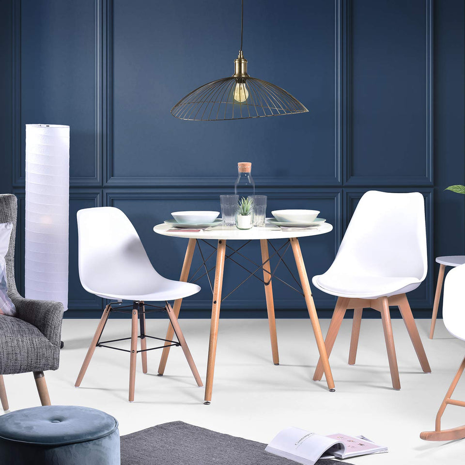 FurnitureR Eames Mesa para Comedor de 4 Personas Cocina Patas de Madera Estilo Moderno (Blanco)